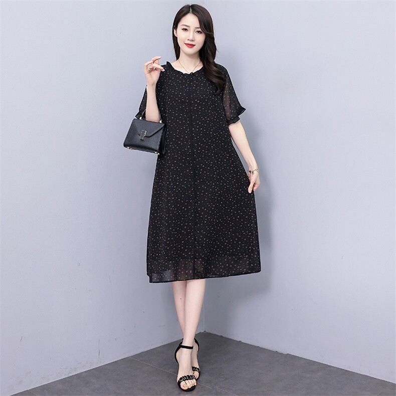 （现货）2025年夏季薄款中长款A型短袖圆领连衣裙,女装连衣裙,深妍伊美