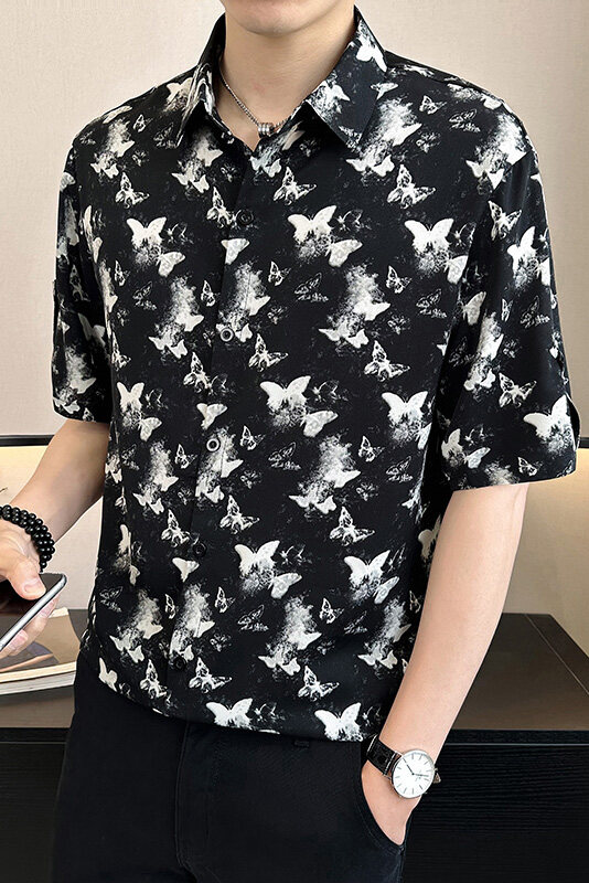 店主风~抖音2025夏季薄款冰丝蝴蝶印花中袖衬衫C282/特P33,男装衬衫,电商B331