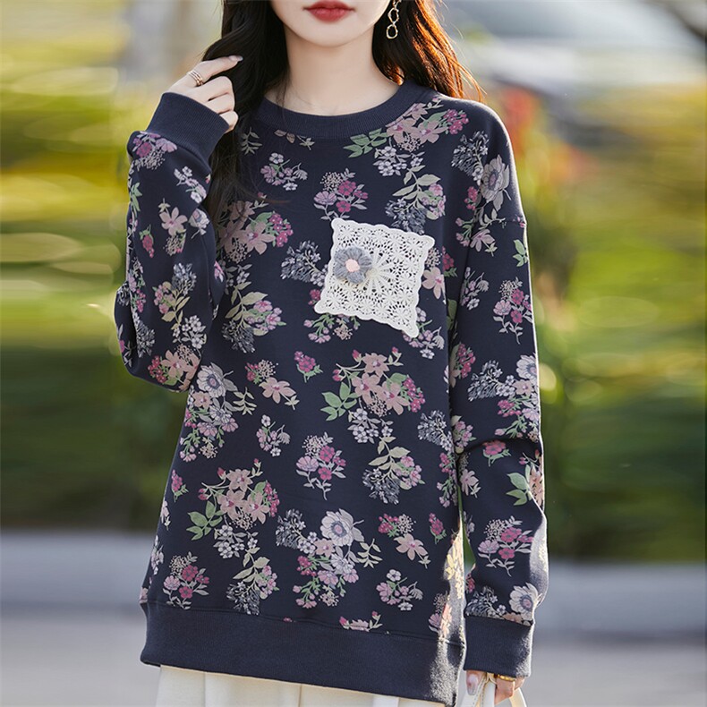 卫衣女2024年秋季圆领长袖时尚碎花套头显瘦上衣,女装卫衣/绒衫,佳绒高端店