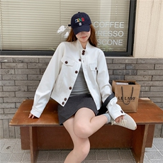 美式短款白色外套女2025年秋季新款宽松休闲时尚百搭显瘦夹克上衣，女装皮衣，浙宝208