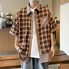 标准气质青春流行五分袖新款时尚潮衬衫格子百搭原宿男潮流夏季，男装T恤，星座1210-1