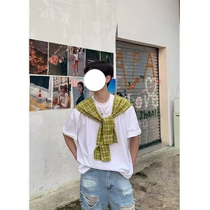 美式创意格子披肩假两件短袖t恤男夏季潮牌百搭宽松情侣上衣,男装T恤,星座601-1,姑苏区智益纳服装店