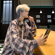 衬衫男春季新款港风宽松大码磨毛格子长袖衬衣CS550-P38，男装衬衫，星座214-3