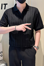 店主风社会小伙男士镂空纯色V领POLO衫男T恤301A-1/PL101/P48，男装T恤，星座301A-1