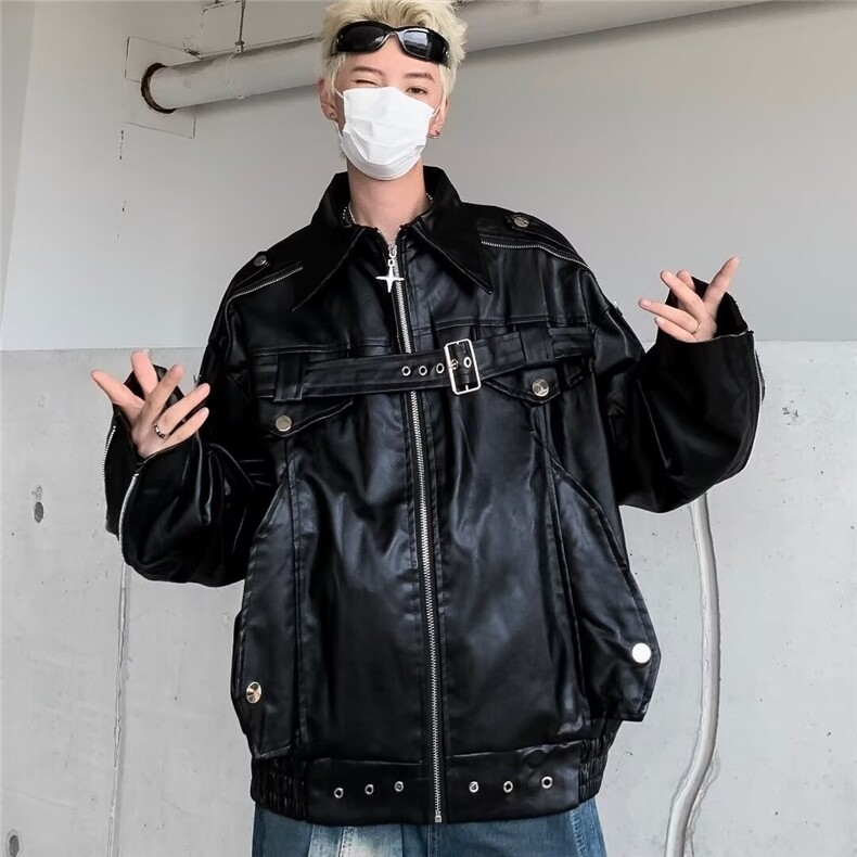 潮流街头时尚美式复古高街白色皮衣夹克外套流行慵懒长袖8505/P88,男装夹克,星座506