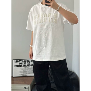 万针全刺绣工艺抖音得物高品质260克重磅纯棉双纱美式高街短袖T恤图片