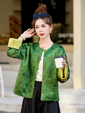 高级感绿色新中式国风提花短外套女2025春秋新款显瘦圆领休闲上衣，女装短外套，艾仟回(原伊仟回)