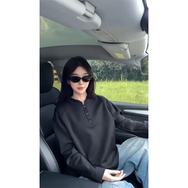 抖音得物品质美式高街重磅曼巴棉拼接cleanfit亨利领卫衣长袖T恤,男装T恤,电商A486