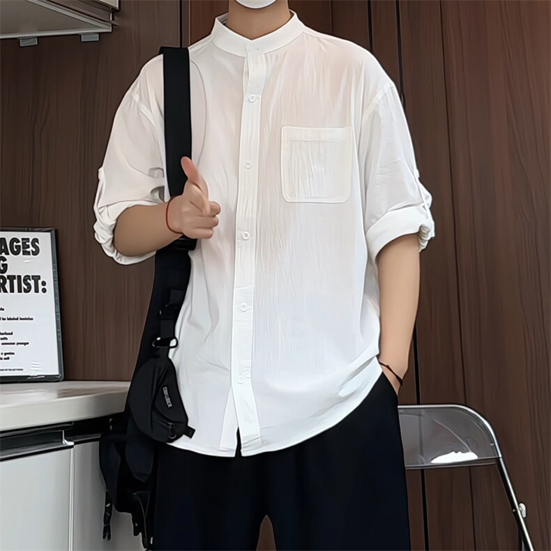 C1020/P28四季款衬衣立领五分中袖男女短袖衬衫七分袖大码图片