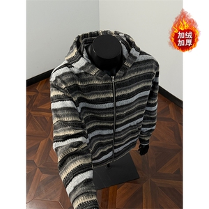 冬季加绒卫衣条纹长袖针织开衫复古潮牌外套5D1193-TP65118图片