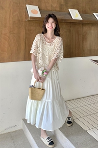 米白色法式度假风连衣裙套装女2025年夏季新款镂空钩花罩衫两件套图片