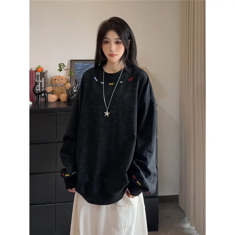 WY47-P39百搭美式高街潮牌男女新款秋季套头扎染刺绣情侣款长袖,男装卫衣,电商B323A