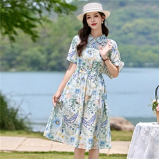 时尚舒适印花连衣裙2026夏季新款显瘦修身棉麻裙子2730，女装连衣裙，罗得堡