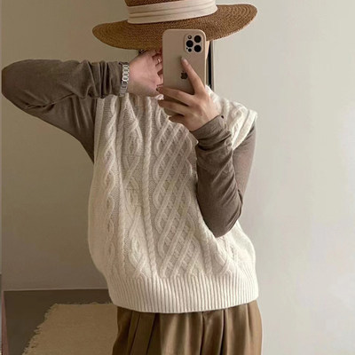 时尚百搭女士秋冬针织马甲柔软保暖绞花菱形设计圆领无袖毛衣背心,女装马甲,洁纯羊绒