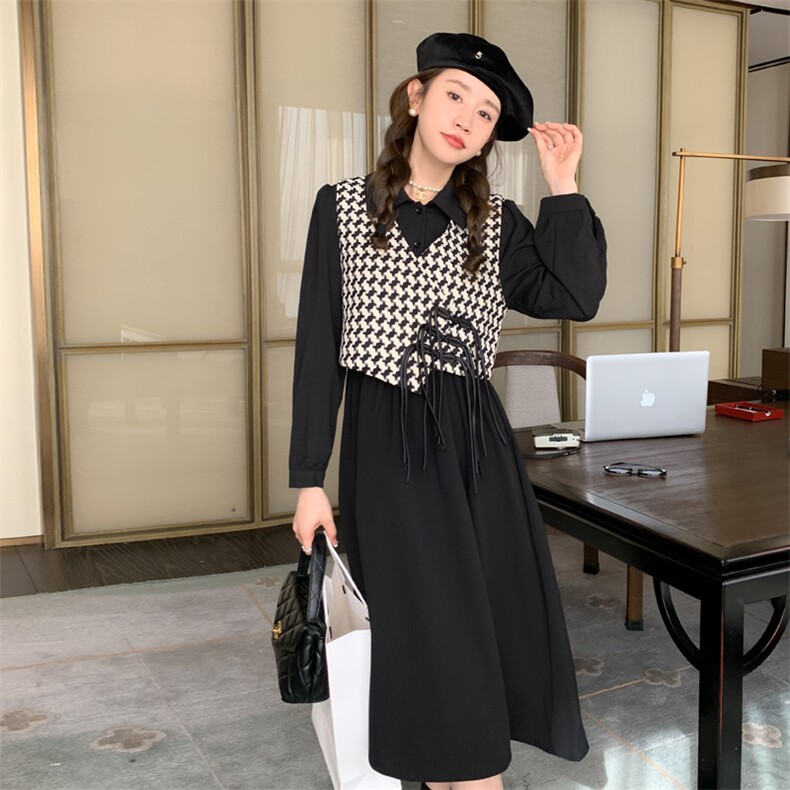 新中式国风千鸟格马甲套装女2025春秋新款收腰显瘦衬衫长裙两件套,女装连衣裙,菡迪欧娜