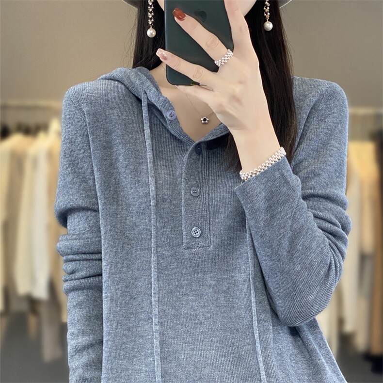 灰色连帽卫衣女春秋薄款带帽打底衫宽松慵懒帽衫短款上衣针织外套,针织衫/毛衣,雪真羊绒
