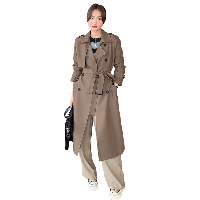 卡其色长款风衣外套女秋季2025新款英伦风气质流行显瘦高级感大衣,女装风衣,2D075