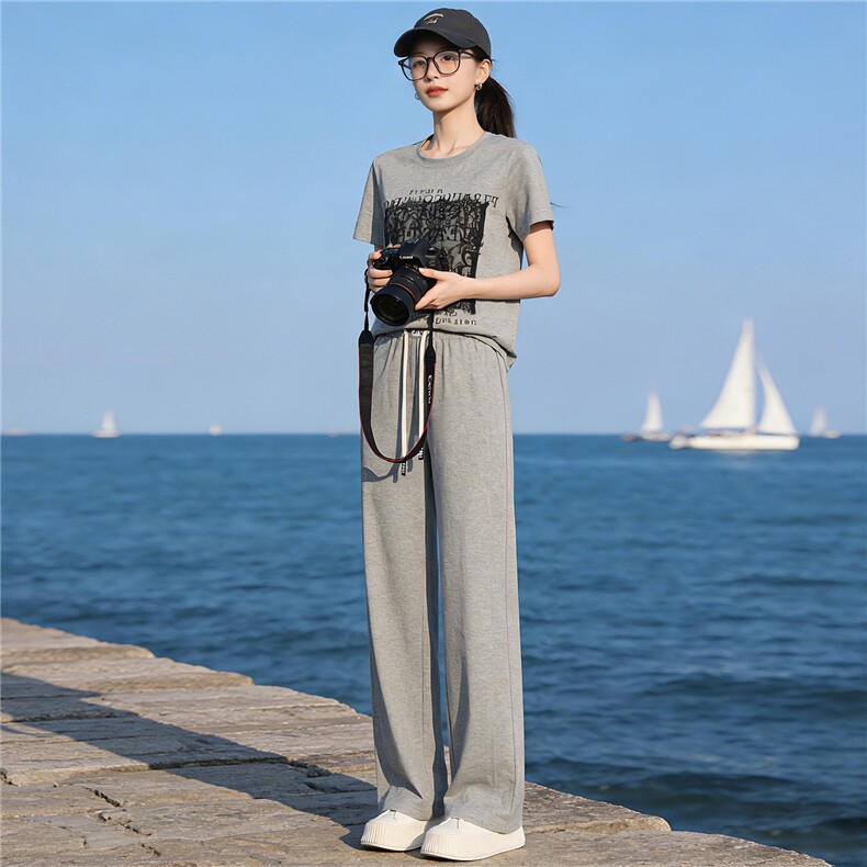 复古简约休闲时尚套装女夏季新款蕾丝撞色拼接短袖上衣长裤两件套,女装套装/套裙,江南