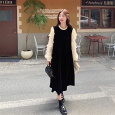 黑色法式蕾丝拼接丝绒连衣裙女2025年秋季新款设计感木耳边长裙潮，女装套装/套裙，2C108