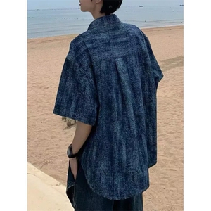 夏季薄款提花金属扣短袖衬衫新中式宽松翻领半袖上衣 C4715图片