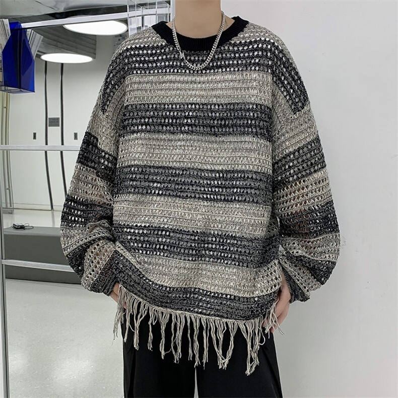 港风秋款男毛衣镂空针织衫流苏条纹休闲线衣打底外套M229P40,男装针织衫/毛衣,星座1013-1
