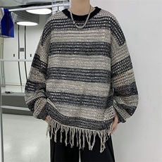 港风秋款男毛衣镂空针织衫流苏条纹休闲线衣打底外套M229P40，男装针织衫/毛衣，星座1013-1