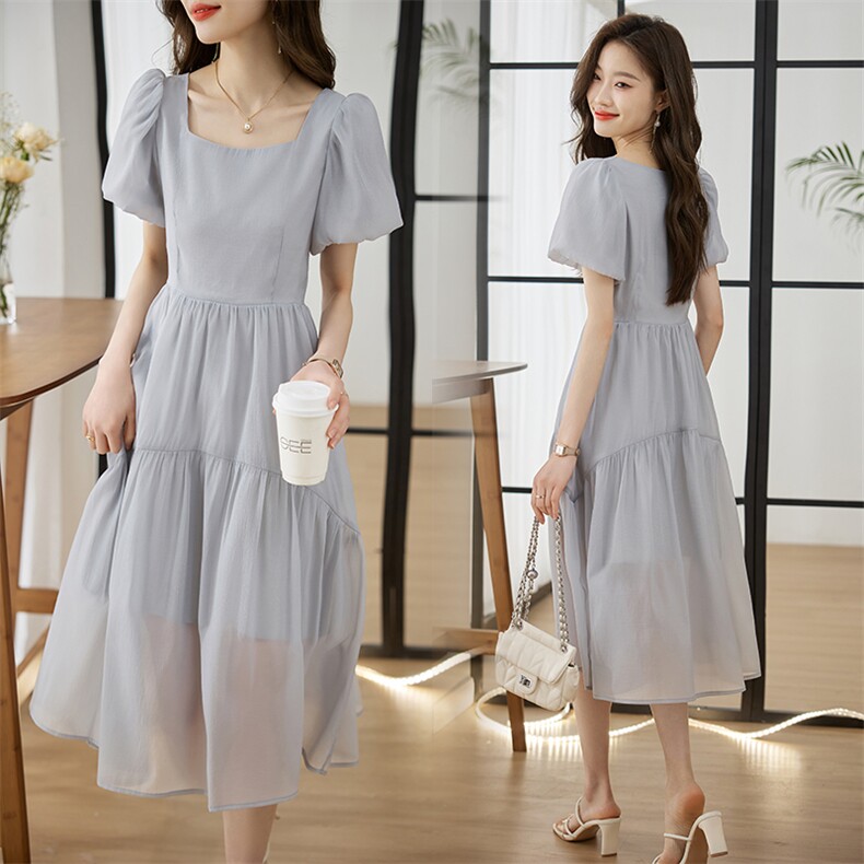 高级感灰色泡泡袖连衣裙女2025夏季新款高腰超仙气质方领收腰长裙，女装连衣裙，姿衣坊