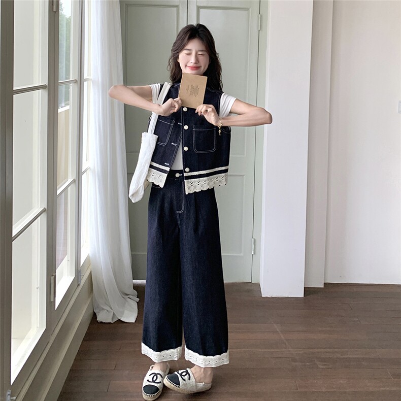蕾丝拼接牛仔套装女2025夏季新款ootd穿搭设计感马甲阔腿裤两件套,女装套装/套裙,2C012
