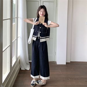 蕾丝拼接牛仔套装女2025夏季新款ootd穿搭设计感马甲阔腿裤两件套图片