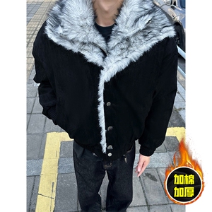 现货高品质美式高街重磅狼王座山雕毛毛领假两件棉衣加厚棉服外套图片