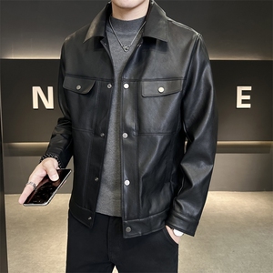 秋季男士皮夹克简约高端翻领皮衣修身机车服P6727-P155图片