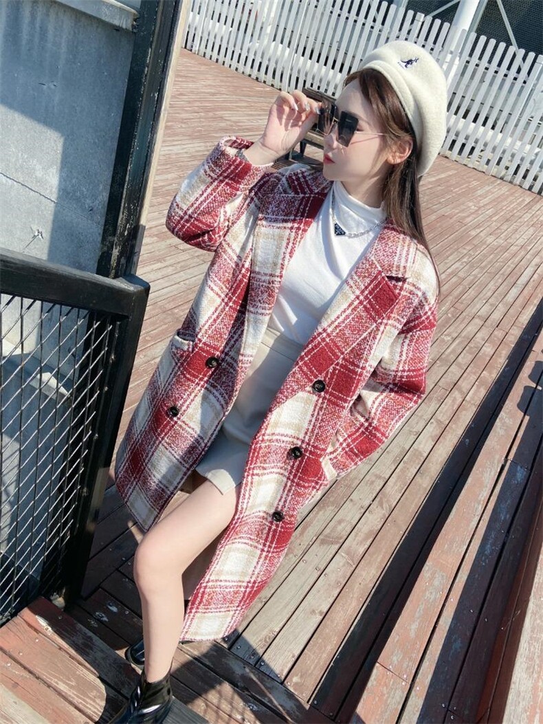 812#呢料格子长款外套，其它，米社