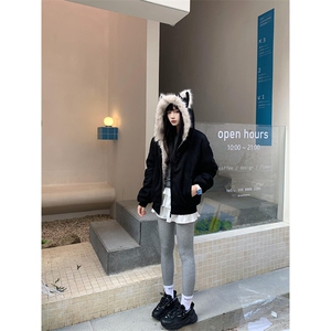 现货重磅硬挺boxy羽绒棉衣座山雕猫耳大毛毛领麂皮棉服冬外套图片