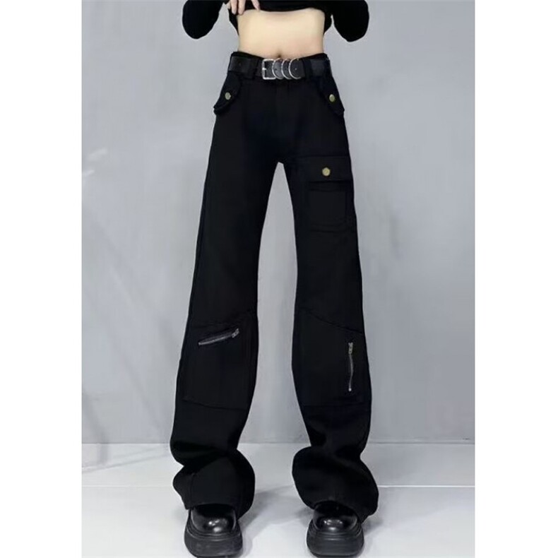 黑色显瘦拉链工装牛仔裤女春秋高腰直筒宽松百搭微喇长裤NK396,男装牛仔裤,星座1116A（原606A-3）
