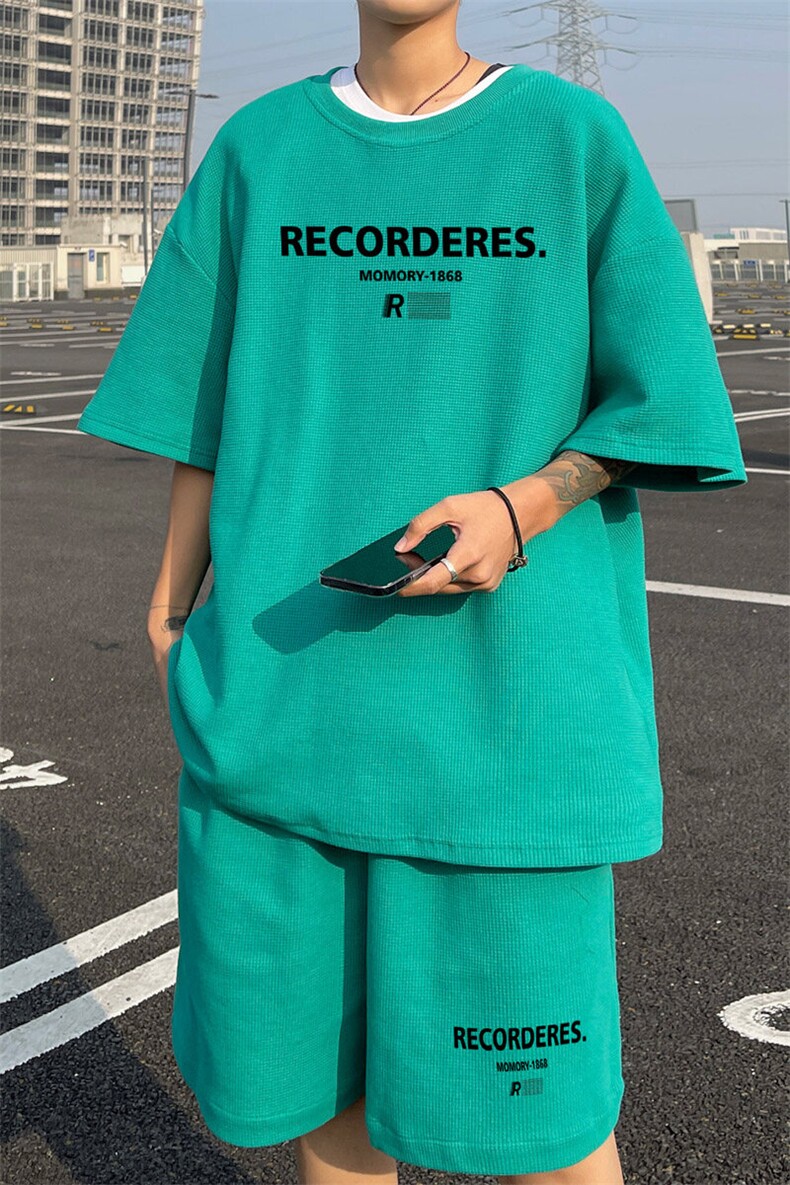 ！2025夏季新款男士华夫格短袖套装印花一套HTZ77P50,男装T恤,电商B220