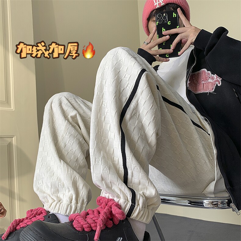 雪尼尔棋盘格加绒束脚运动裤男大码宽松休闲裤子K23730J加绒-P70,男装休闲裤,电商A001-1