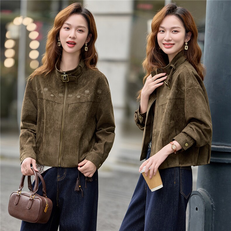 9213设计感刺绣麂皮绒休闲外套,女装短外套,依路服饰