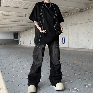 美式高街解构反光条宽松短袖t恤男生夏季潮牌复古麂皮绒上衣情侣图片