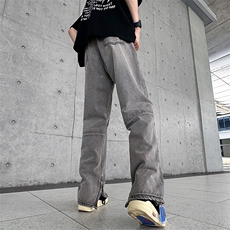 美式vibe裤子高街灰色破洞牛仔裤男设计拉链开叉微喇裤Q6070-P48，男装牛仔裤，星座1001-1