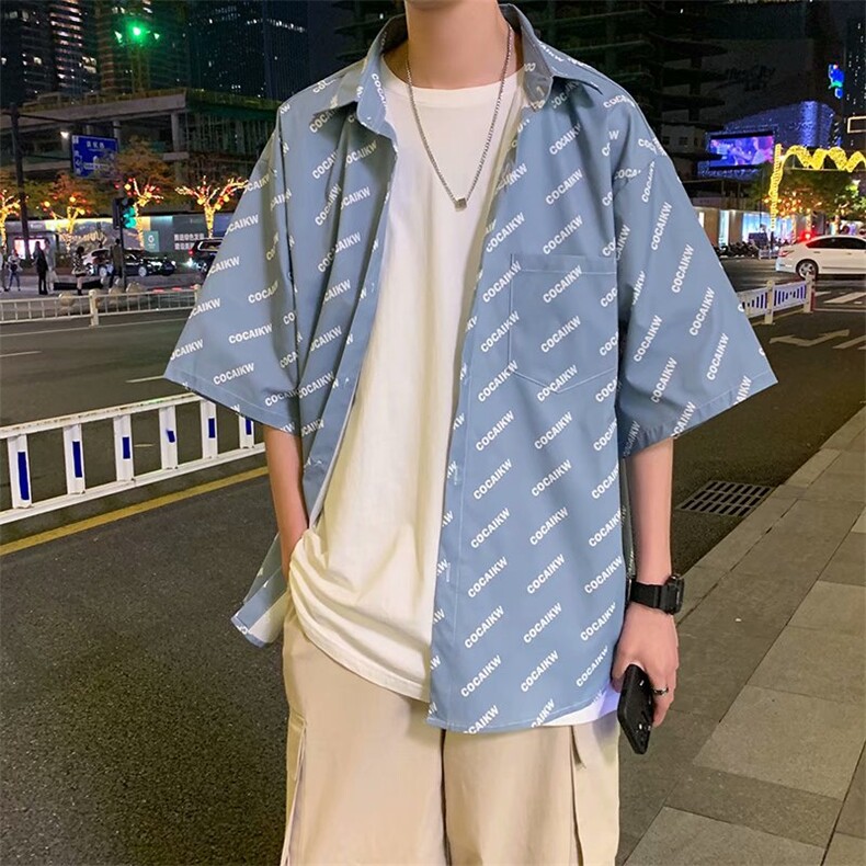 文艺男女店七分袖衬衫男夏季韩版港风ins潮宽松短袖外套休闲衬衣,男装T恤,星座516A