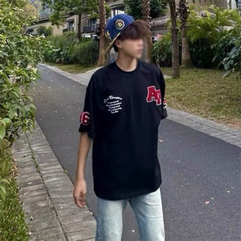 万针全刺绣工艺抖音得物高品质260克重磅纯棉双纱美式高街短袖T恤,男装T恤,电商A486-1