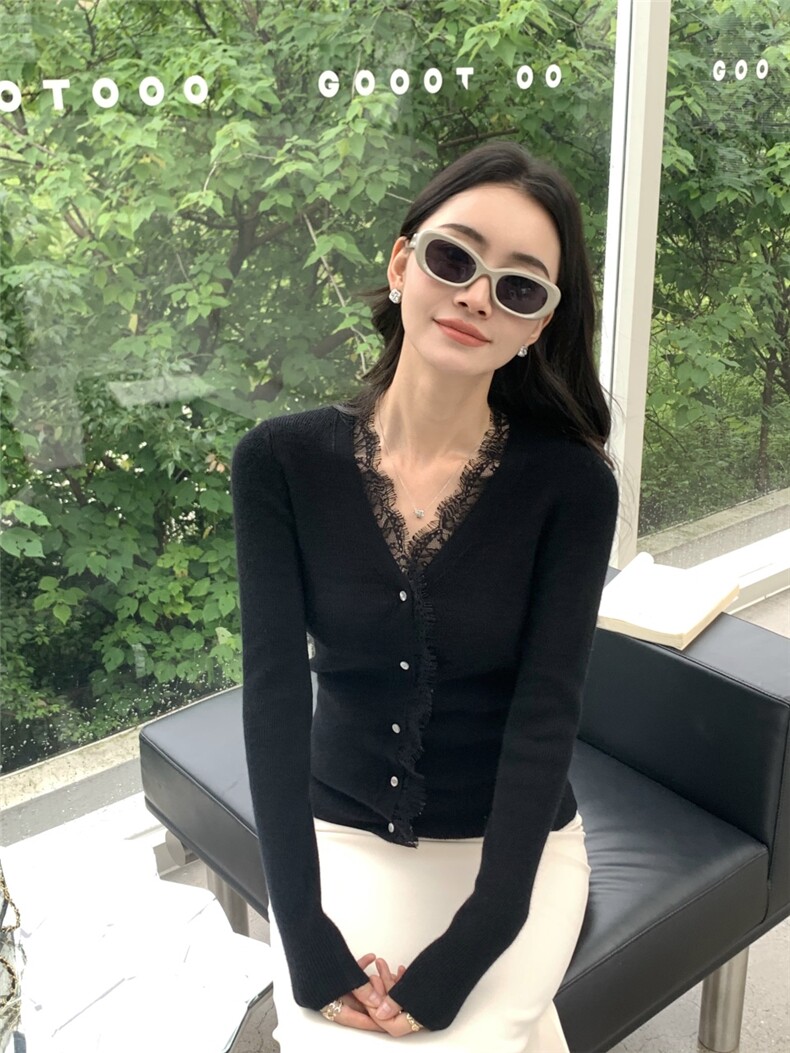 秋冬新款v领蕾丝边衫女修身开衫上衣针织衫,针织衫/毛衣,玛卡隆羊绒