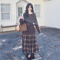 美拉德穿搭时尚套装女高级感2025秋季新款吊带连衣裙针织衫两件套，女装套装/套裙，2D014