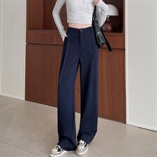 春款小众设计窄版直筒裤宽松显瘦侧拼接防牛仔拖地西装裤女，女装休闲裤，云美莎专业女裤-全店现货