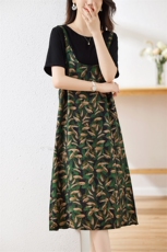 2024新款夏季女装假两件印花连衣裙修身显瘦气质长裙，女装连衣裙，余墨