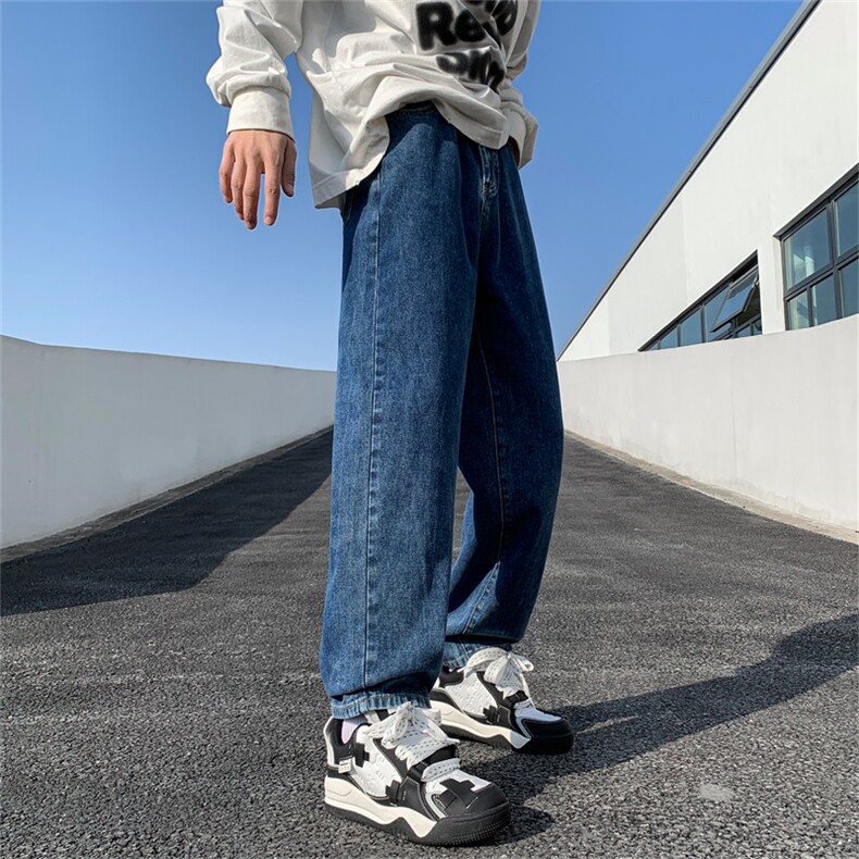 浅色水洗牛仔裤男生秋季美式潮牌宽松直筒裤子港风坠感九分休闲裤，男装牛仔裤，电商A080