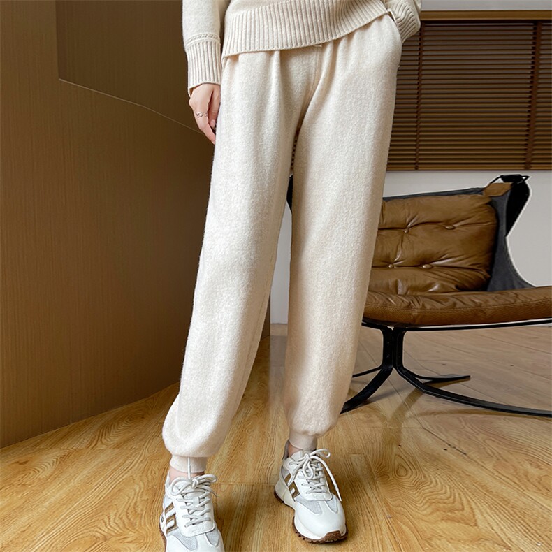 时尚百搭女士羊毛束脚裤高腰显瘦舒适休闲裤简约纯色口袋设计，女装休闲裤，浩新羊绒