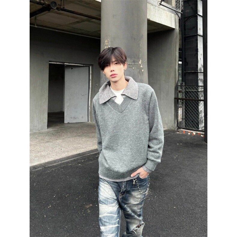 【有货】M017LL-特P60 假两件V领毛衣男翻领针织衫外套图片