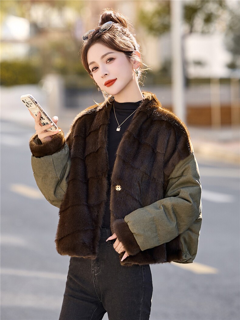 现货.时尚流行欧款拼水貂毛羽绒服,女装羽绒服,布芭啦