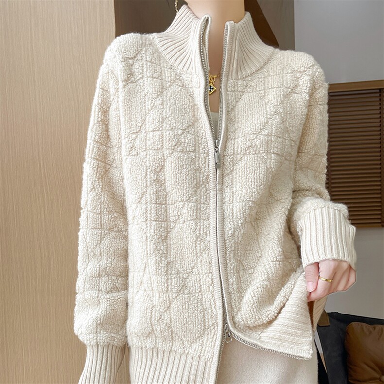 秋冬新款菱格毛巾绣开衫时尚百搭慵懒风，女装针织衫/毛衣，优麦羊绒（原洪叶羊绒）